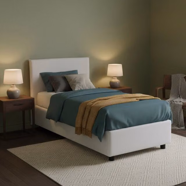 Letto singolo contenitore Boudicca Talamo Italia con materasso incluso, rivestimento in tessuto, Bianco, 80x200 cm