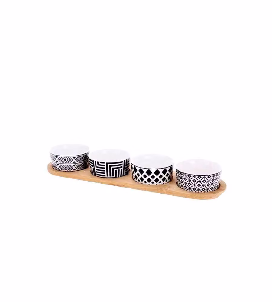 Vassoio Aperitivo in Bamboo con 4 Ciotole Decorate 38x10 cm