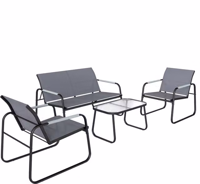 Set da Giardino Outsunny 4 Pezzi Moderno con Divano a Due Posti, 2 Poltrone e Tavolino in Vetro Temperato, Grigio
