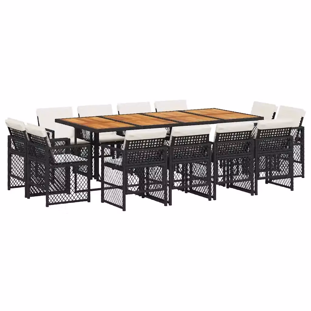 vidaXL Set da Pranzo da Giardino 13pz in Polyrattan e Legno di Acacia con Cuscini Nero, Marrone e Bianco – 2