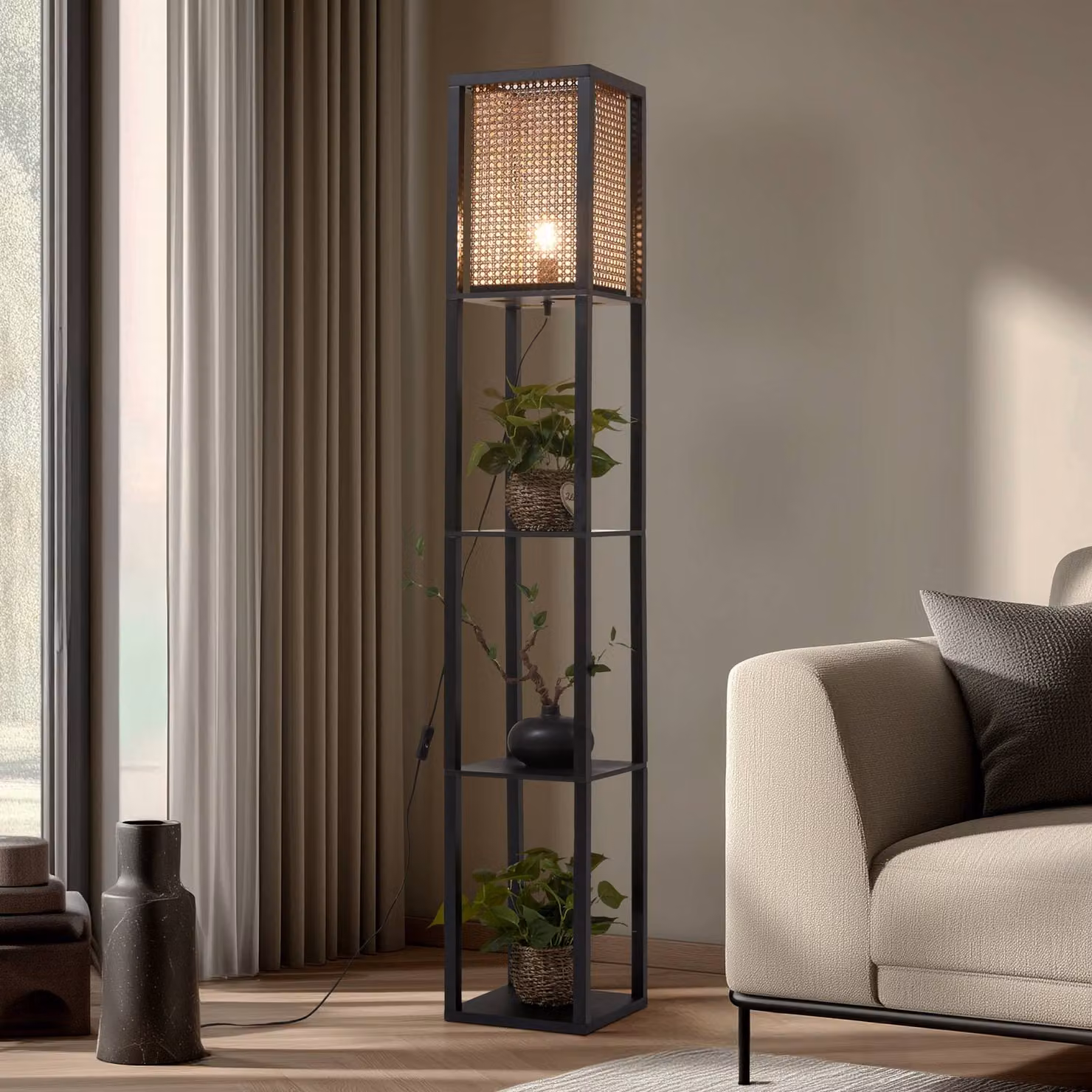 Lampada da terra Birta Lindby, Nero, Soggiorno / Sala da pranzo, Legno, Moderno, Lampada da terra