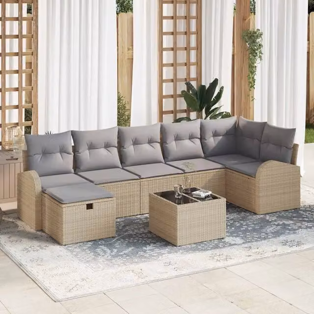 Set Divano da Giardino a L vidaXL in Polyrattan Beige con 8 Pezzi e Cuscini – 1