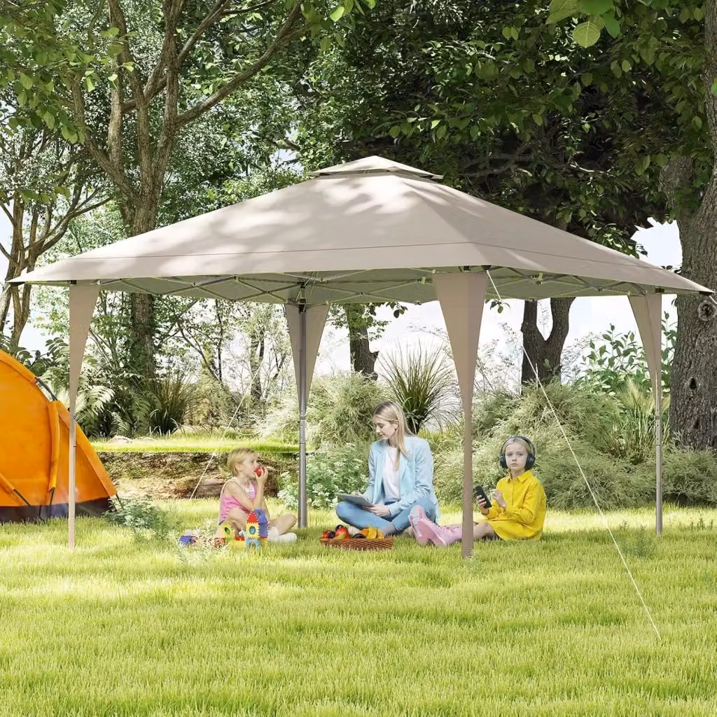 Gazebo da Giardino Pop-up Costway con Doppio Tetto e Altezza Regolabile, Tenda Esterno Antivento con Fori di Drenaggio e Borsa di Trasporto, Kaki – 2