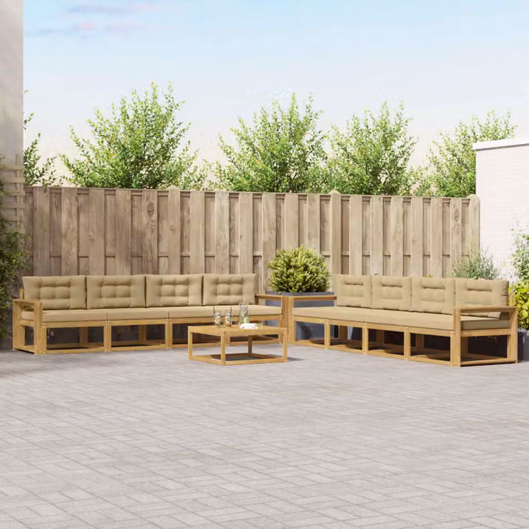 Set di divani da esterno vidaXL a forma di L composto da 9 pezzi con tavolino da caffè, in legno di acacia e tessuto beige e bianco resistente ai raggi UV