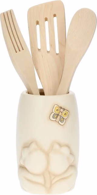 Porta mestoli con 3 cucchiai da cucina Thun in ceramica e legno colore beige