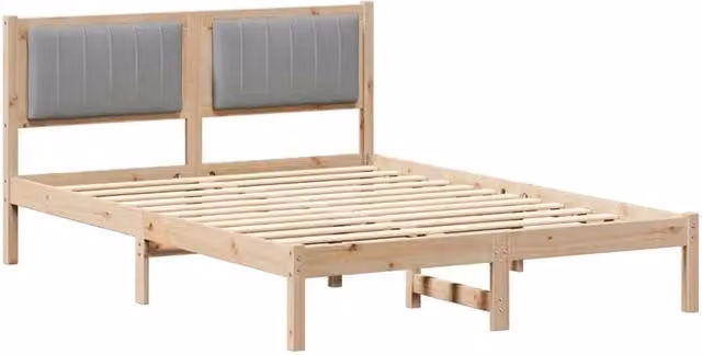 Letto matrimoniale con testiera rivestita in tessuto grigio e struttura in legno di pino L: 140.5 cm, P: 195.5 cm, H: 85.5 cm