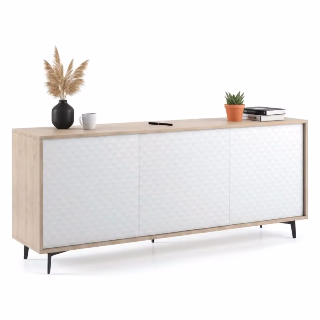 Madia Aminda DMORA con 3 ripiani, credenza moderna in finitura rovere bianco, L: 184 cm, P: 45 cm, H: 77 cm – 2