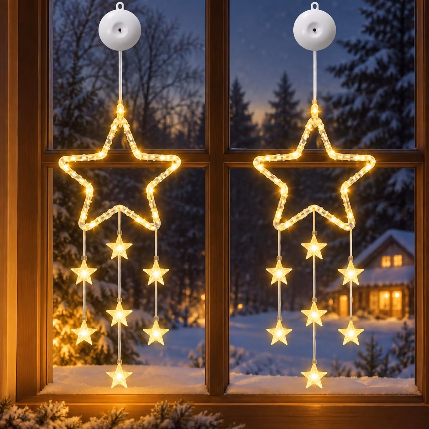 Set da 2 decorazioni natalizie per finestre, con luci LED bianco caldo e ventose adesive