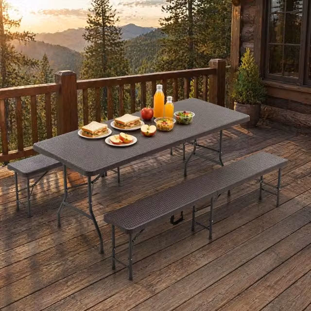 Set da picnic pieghevole ULEVR 3 pezzi per 6 persone, piano in HDPE effetto legno marrone con chiusure di sicurezza