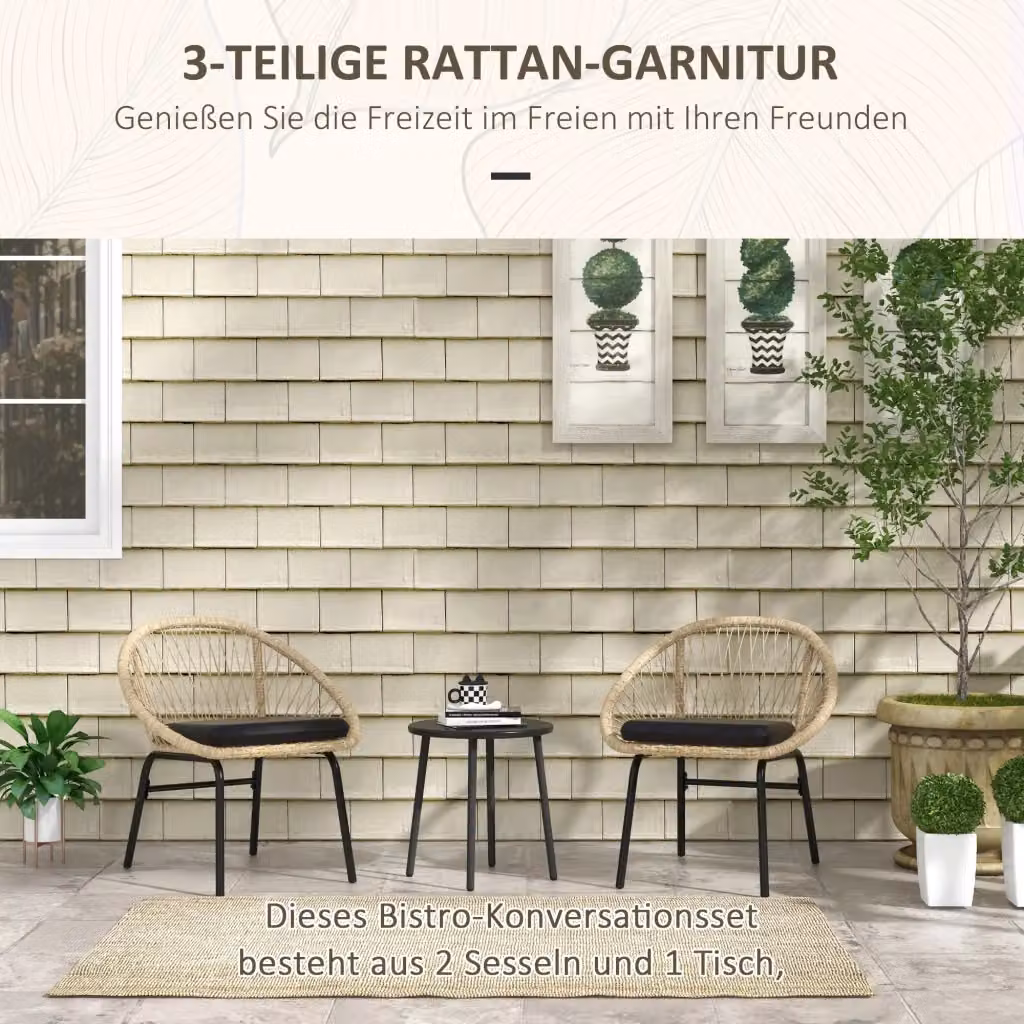 Set da giardino WISHDOR in 3 pezzi con 2 sedie e tavolino rotondo in polyrattan e struttura in metallo con cuscini gialli – 2
