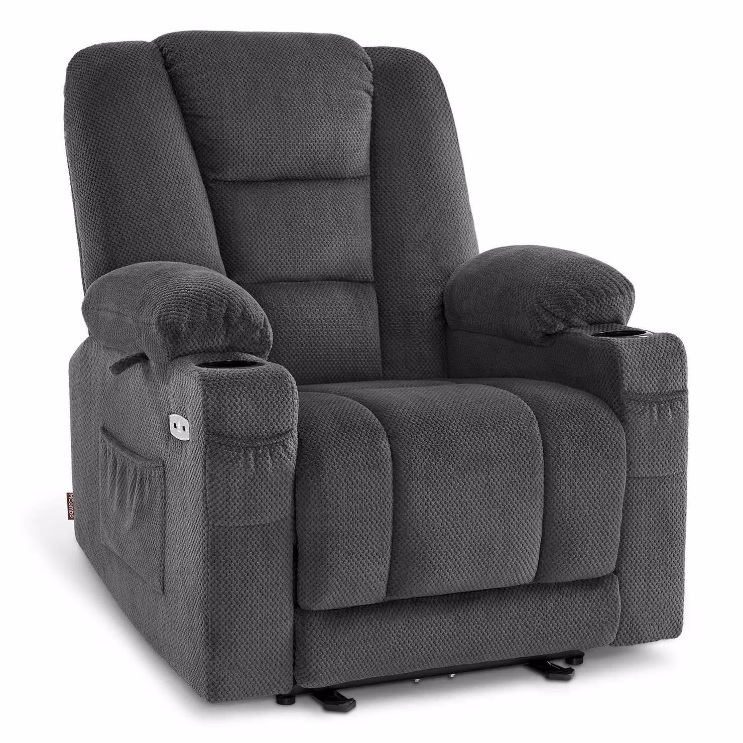 M MCombo poltrona TV regolabile elettricamente, poltrona con funzione reclinabile, poltrona TV con funzione massaggio e calore, USB e portabicchieri, soggiorno, tessuto, 7008 (grigio scuro)