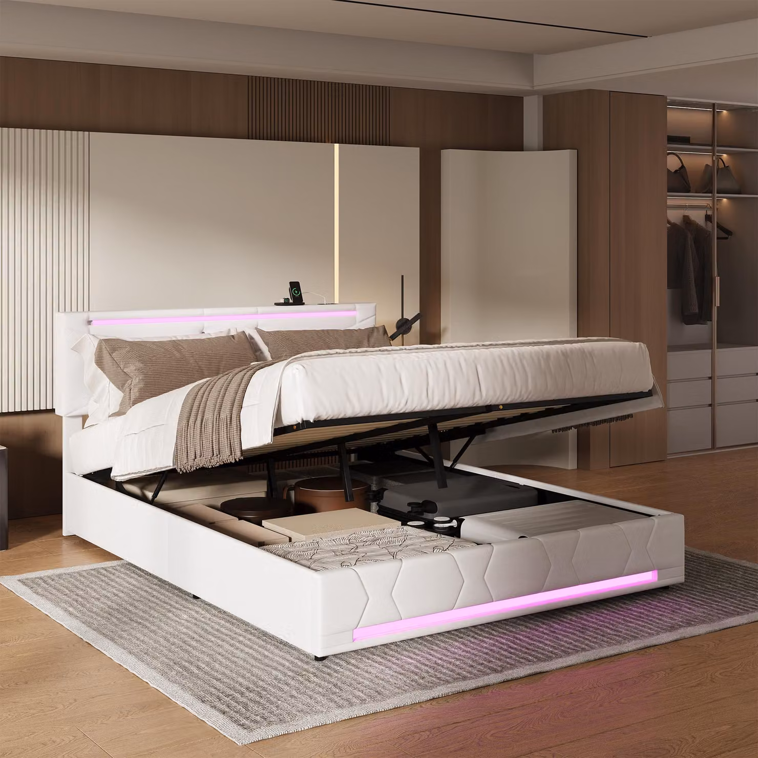 Letto idraulico imbottito 160 x 200 cm con contenitore, rete a doghe, confortevole, beige