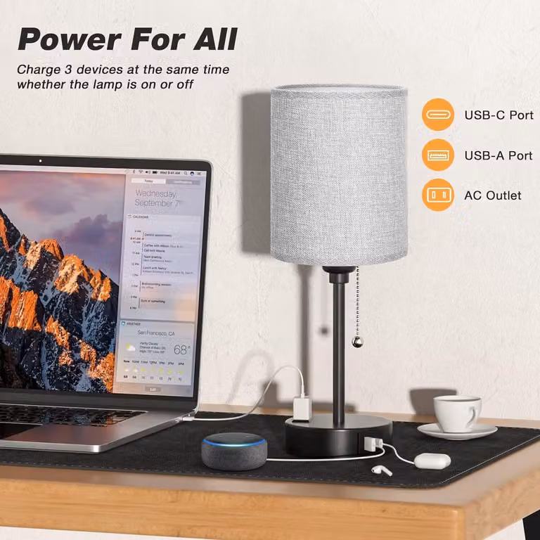 Lampade da tavolo a LED, lampada da comodino dimmerabile, luce notturna a LED, porta USB e uscita CA, lampadina inclusa, per camera da letto e soggiorno, grigio
