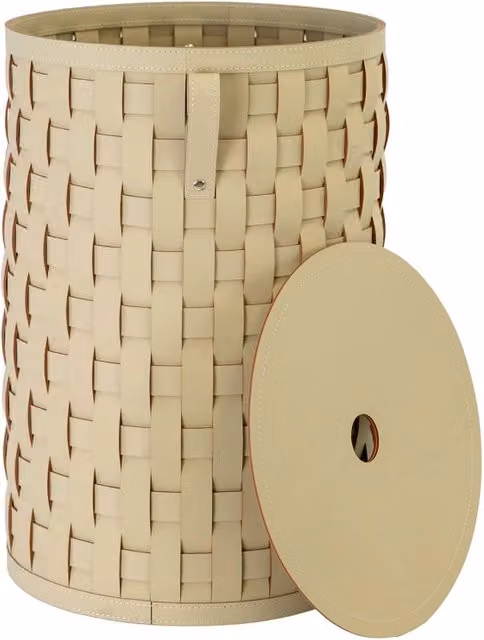 Cesto portaoggetti decorativo cilindrico in pelle rigenerata color sabbia con coperchio