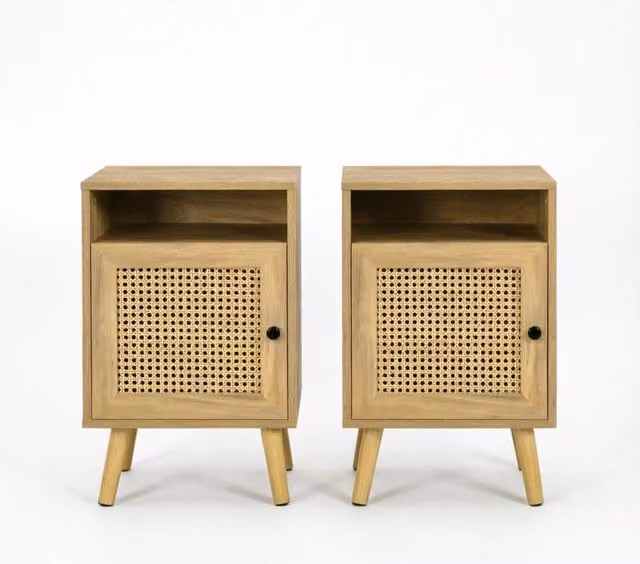Set di 2 comodini OKWISH con anta in rattan e vano aperto, colore beige, L 39 cm x P 35 cm x H 60 cm