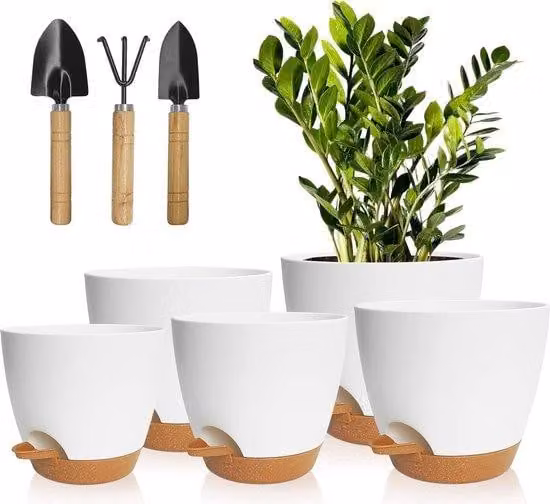 Vasi da fiori in plastica con sistema di auto-irrigazione - Set da 5 - 178/165/152/139/127 cm - Bianco
