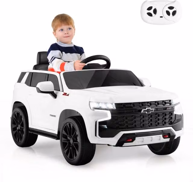 Auto elettrica Chevrolet SUV 12V per bambini con telecomando 2,4G, sospensioni a molla, luci e musica, colore Bianco – 1