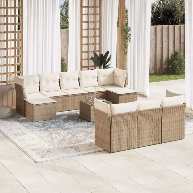 Set di Divani da Giardino VIDAXL in Polyrattan con Cuscini Beige, 11 Pezzi