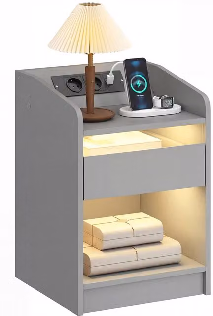 Comodino Xylo grigio con illuminazione LED RGB e ricarica USB-C L/P/H: 40 x 40 x 58 cm – 1