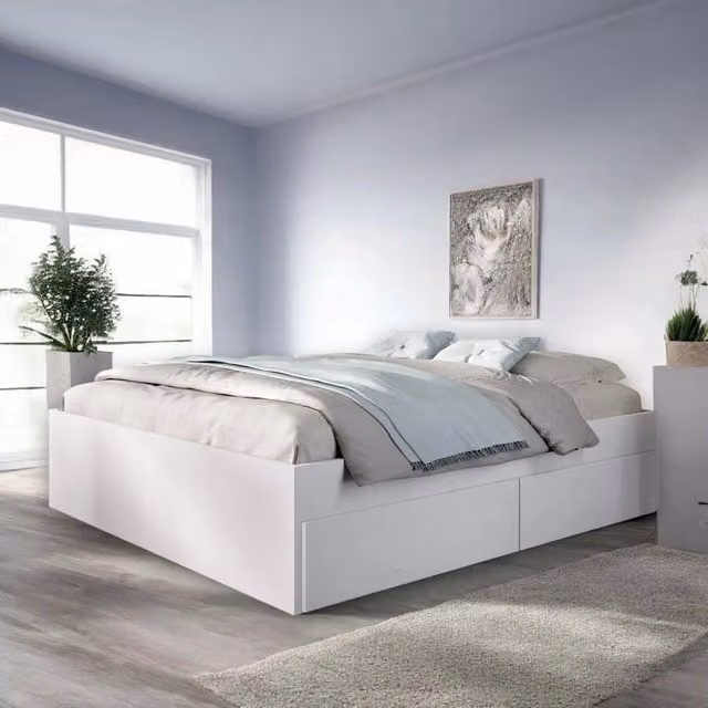 Letto alla francese Orlene DMORA con cassetti, struttura imbottita in tessuto bianco, L: 149,2 cm x P: 195 cm x H: 39 cm – 1