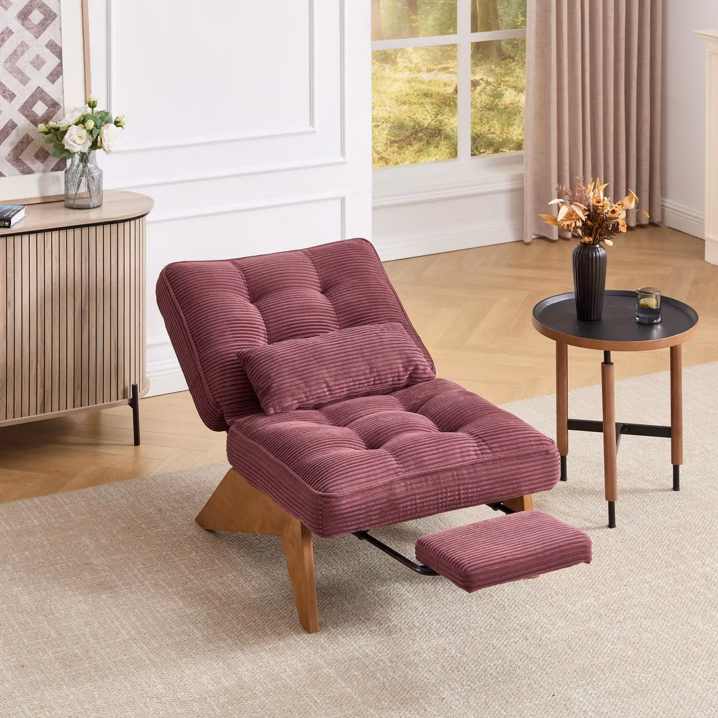 LVHOM Poltrona relax con funzione reclinabile, poltrona lounge con schienale regolabile, poltrona da terra in tessuto a coste e legno massiccio, per salotto, ufficio, rosso