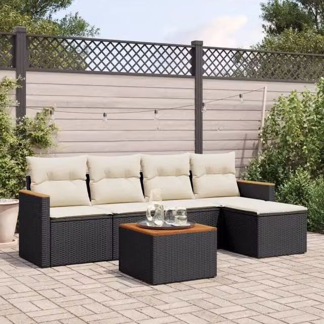 Set Divano da Giardino 6 pz con Cuscini-Sofa da Giardino-Divanetto da esterno Nero in Polyrattan 712450