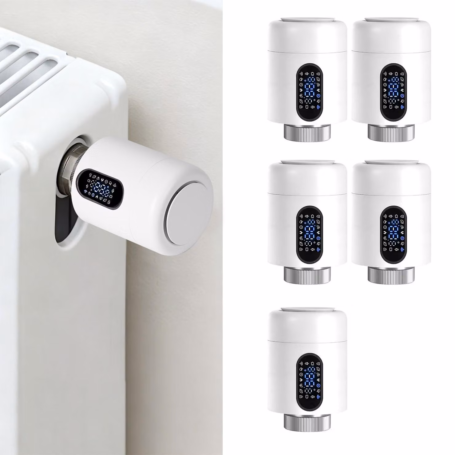 Set di 5 termostati per radiatori Ikodm, termostati intelligenti Wi-Fi, colore bianco, controllo tramite app senza necessità di gateway, 7 adattatori per termostato