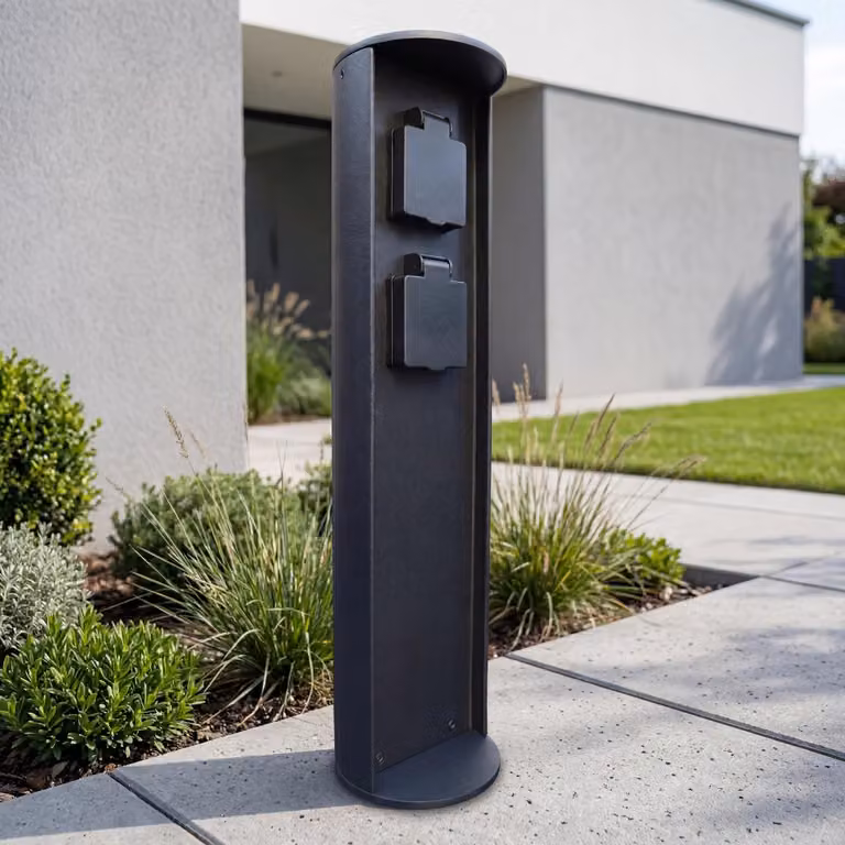 Presa esterna per giardino, alluminio nero, grado di protezione IP44, doppia, 3500W, colonna di prese da 40 cm