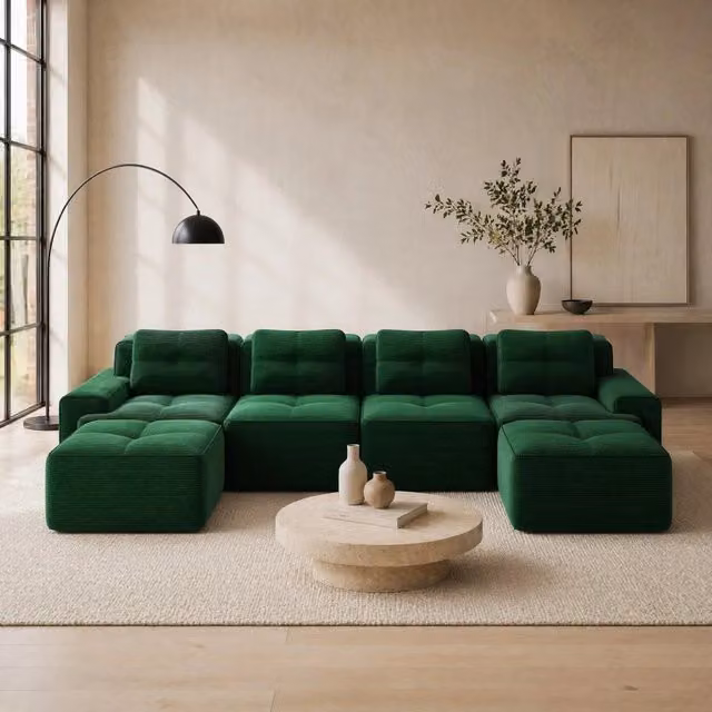 Divano modulare MODFU a 4 posti con chaise longue a U in velluto a coste verde, L: 382 cm, P: 177 cm, H: 69 cm – 1