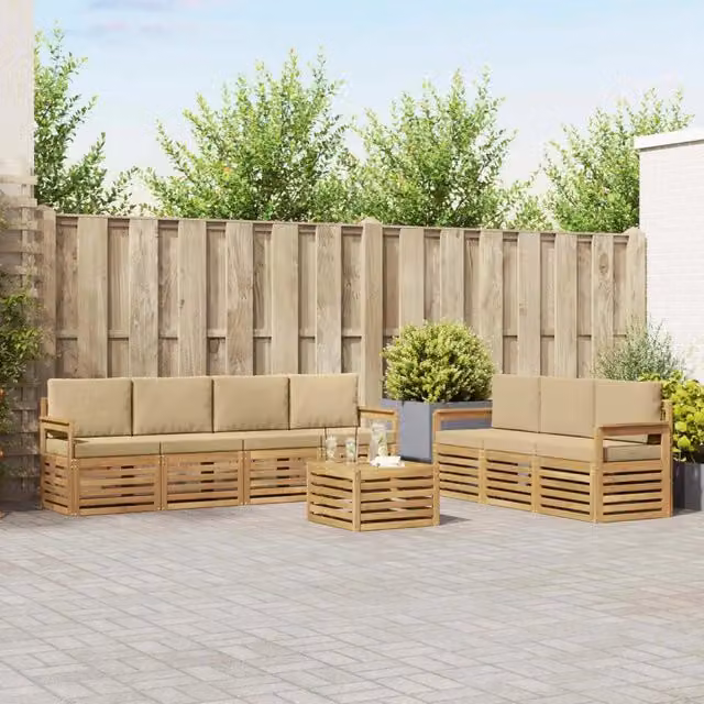 Set da giardino moderno vidaXL composto da 8 pezzi con divani, poltrone e tavolino in legno di acacia, colori bianco e beige con cuscini inclusi – 1