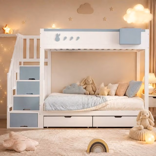 Letto a castello Mivray per bambini con scala contenitore a cassetti e ripiano removibile, bianco e blu, L/P/H: 200 x 90 x 167 cm