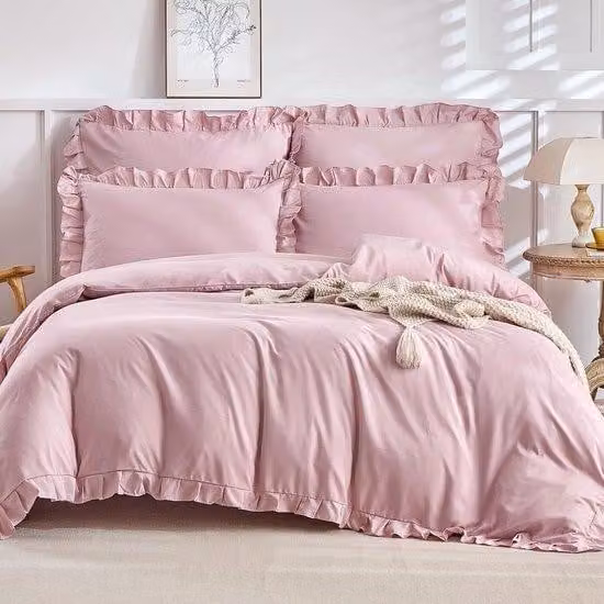Set di lenzuola per letto Ibbenzoa® 200 x 200 cm, colore rosa, composto da 2 federe 80 x 80 cm, realizzato in microfibra di poliestere al 100%, con design a balze, chiusura a zip nascosta e angoli elasticizzati
