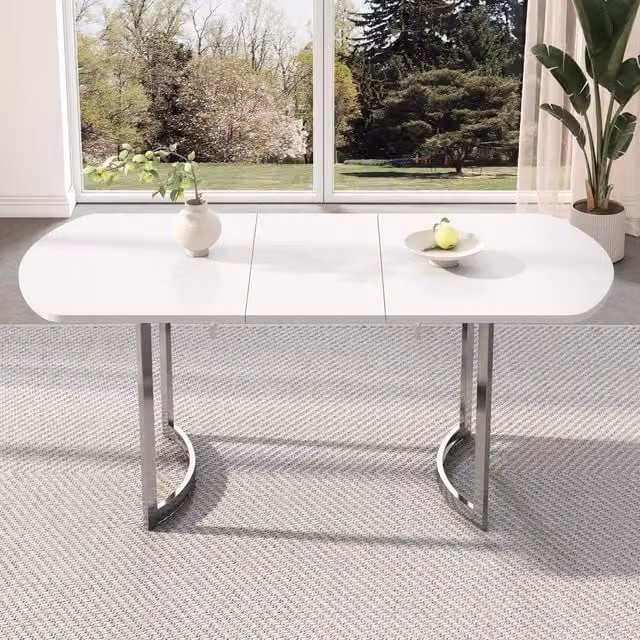 Tavolo da pranzo allungabile con struttura stabile, stile classico, per 4-6 persone, bianco e gambe argentate