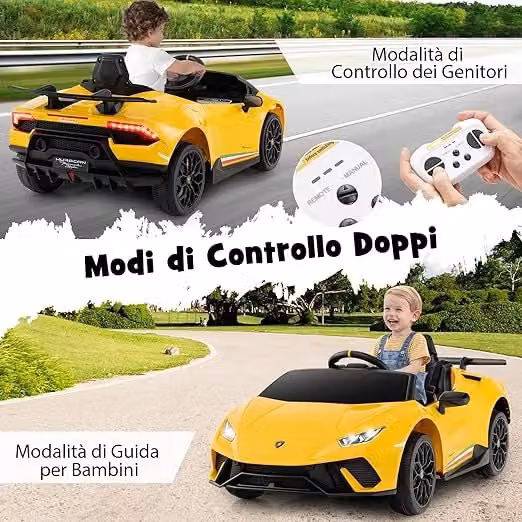 12V Lamborghini Auto Elettrica per Bambini, Macchina Elettrica Cavalcabile con Telecomando, Luci LED Musica e Funzione di Avvio Lento, 3-5 Km/h, per Bambini 3 Anni+ (Giallo)