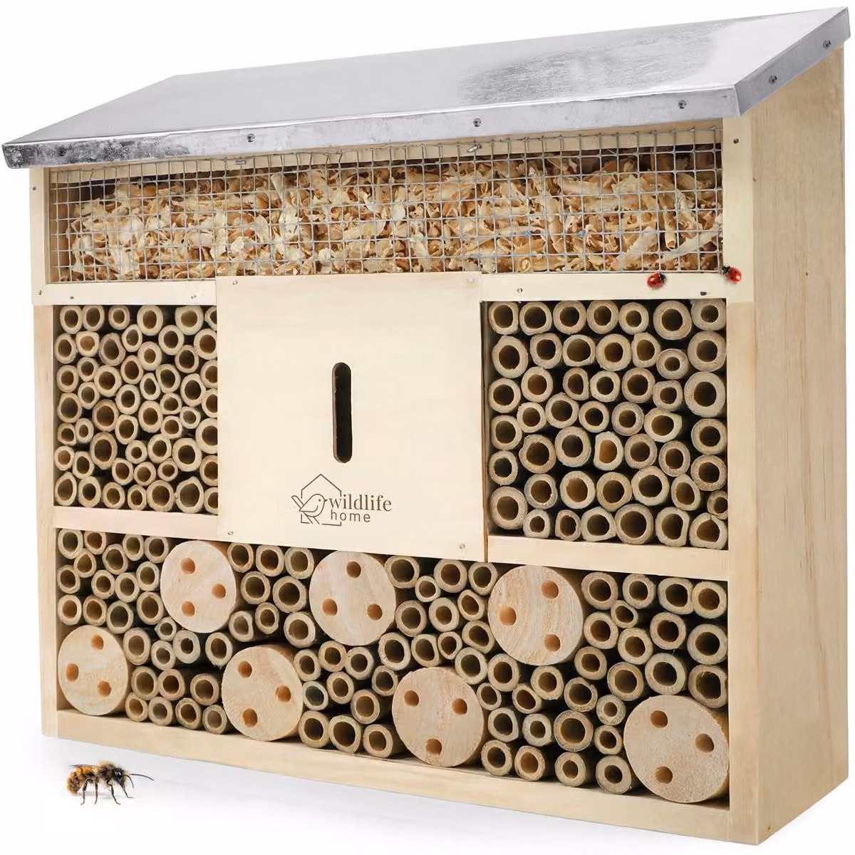 WILDLIFE HOME Alberghetto per api con tetto in metallo | Non trattato, casetta in legno massiccio per api, coccinelle e crisope, rifugio per insetti | Alberghetto per insetti da appendere