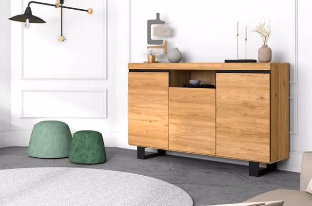Credenza Soggiorno 140x40x92cm per Sala da pranzo Ufficio 3 Porte 1 Vano Nordico colore Rovere e Nero RF985