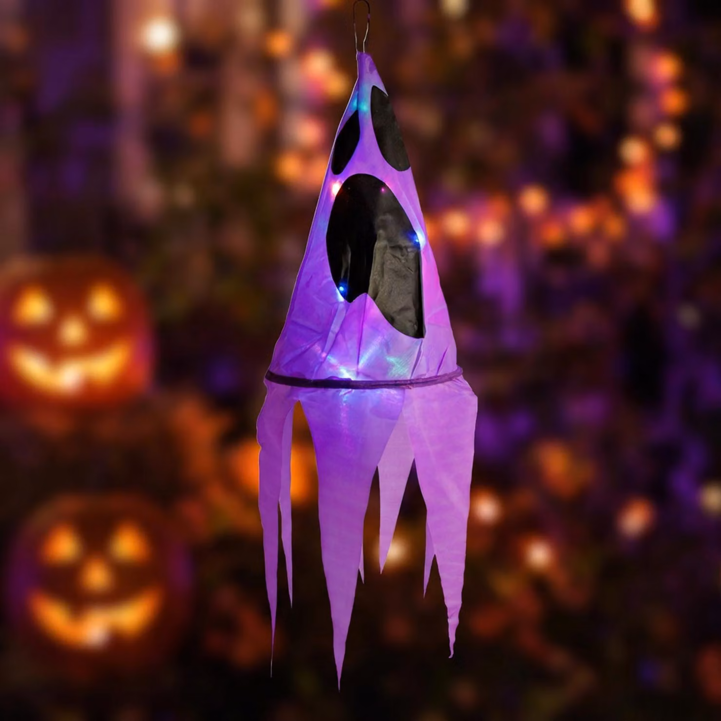 Decorazione luminosa per Halloween - fantasma - viola - 10 LED colorati - appendibile - alimentazione: 2 batterie tipo 2032 - dimensioni: 75x20