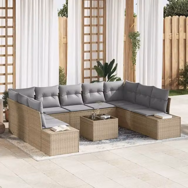 Set da giardino moderno vidaXL composto da 10 pezzi con divano a L, tavolino da caffè e cuscini imbottiti in polyrattan beige e grigio con struttura in acciaio verniciato a polvere – 1