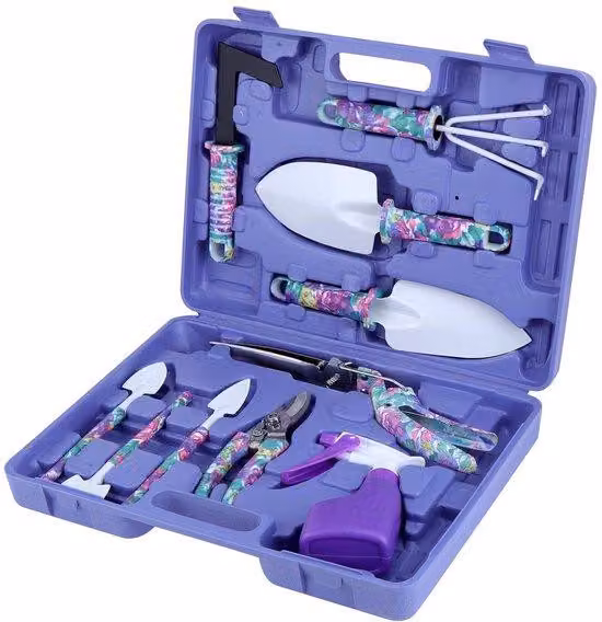 Set di attrezzi da giardino Unyqoos® da 10 pezzi – manici ergonomici antiscivolo, motivo floreale viola, borsa per il trasporto, utensili resistenti alla ruggine, forbici da giardino con sistema di sicurezza