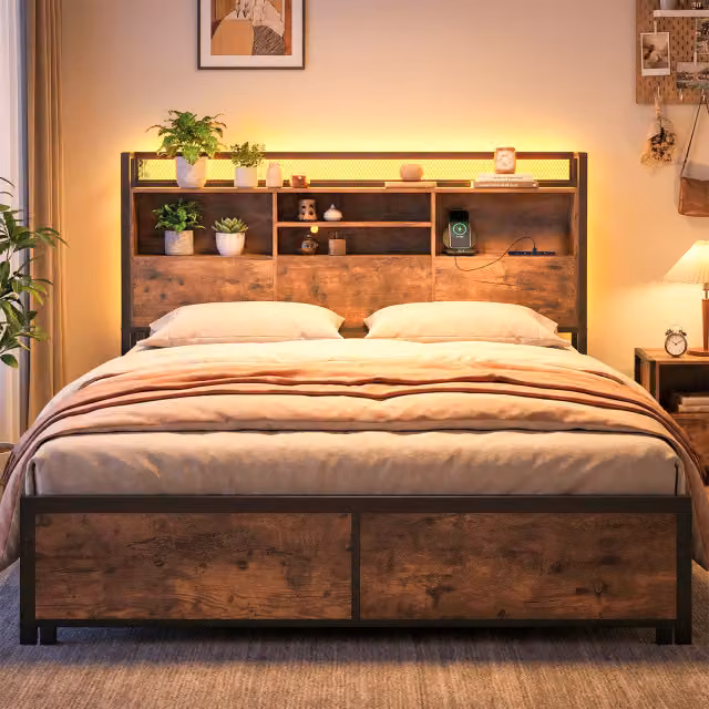 Letto matrimoniale piattaforma Costway in metallo marrone rustico con luci LED, porta USB e testiera contenitore, L/P/H: 220 x 163,5 x 113 cm