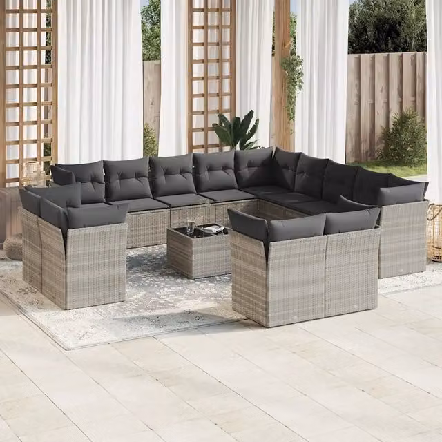Set di divani da giardino a forma di U VIDAXL in polyrattan grigio con 14 pezzi e cuscini inclusi