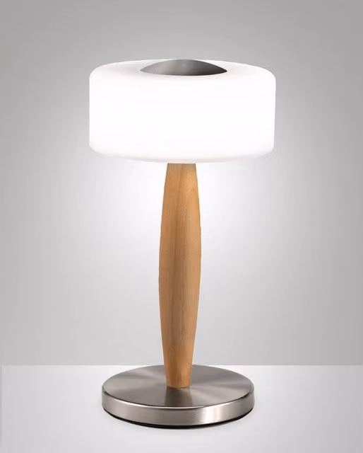 Lampada da tavolo Elea Fabas con LED da 8W, 860lm e luce calda 3000K, struttura in metallo, legno e vetro soffiato trasparente, regolazione touch dimmable, colore nichel satinato