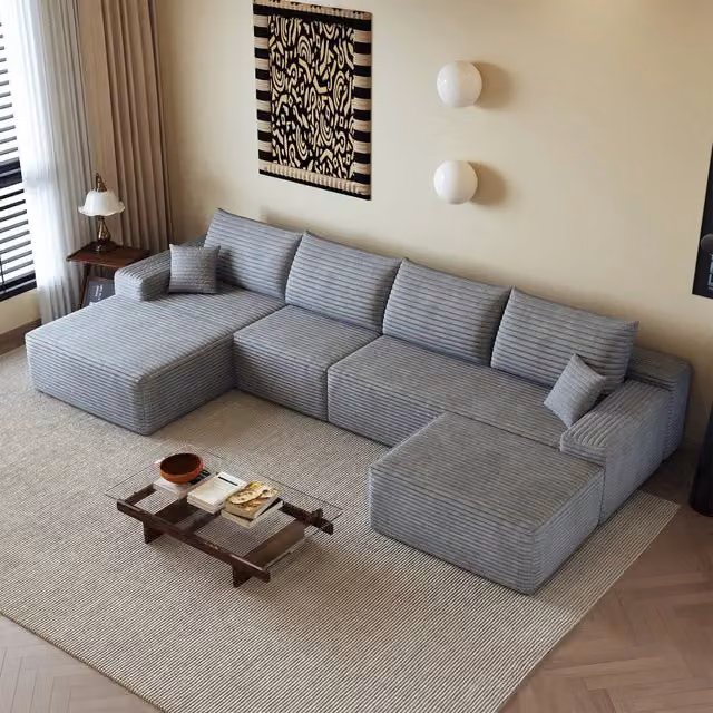 Divano angolare modulare 5 posti con chaise longue a L, rivestimento in velluto a coste, 340x175x83 cm, grigio
