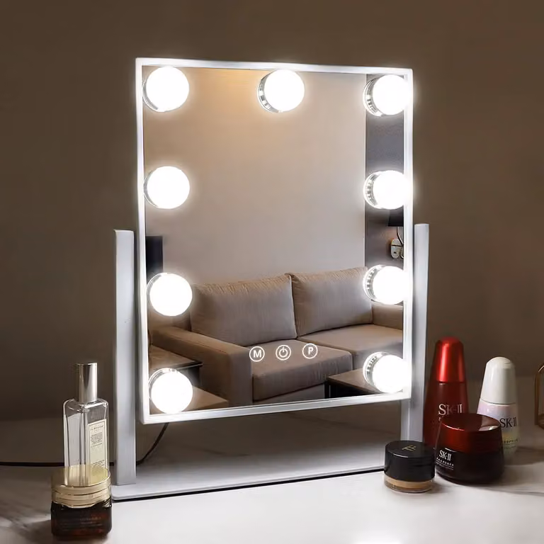 VANITII Specchio per il trucco con illuminazione 25 x 30 cm Illuminazione a LED 9 luci dimmer 3 modalità di colore Specchio per il trucco ruotabile a 360° per la toilette bianco