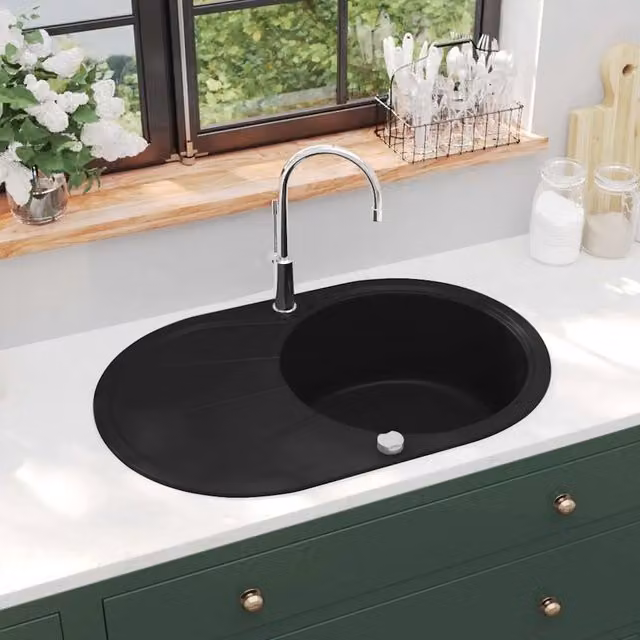 Lavello da Cucina in Granito Vasca Singola-Lavandino-Lavabo Ovale Nero