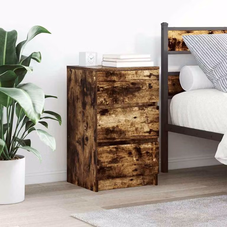 Comodino con 3 Cassetti vidaXL in Rovere Fumo, Design Industriale, L: 39 cm, P: 35 cm, H: 65 cm