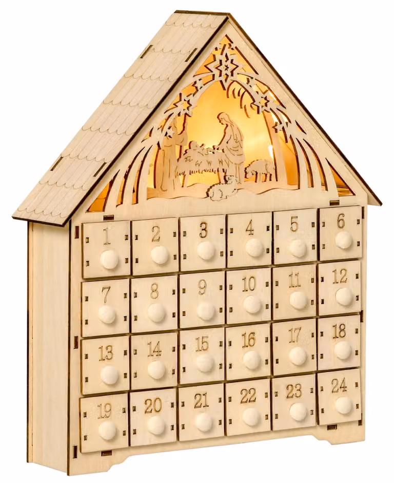 Calendario dell'Avvento 26,6x6x30 cm 24 Cassetti e Presepe Intagliato in Legno