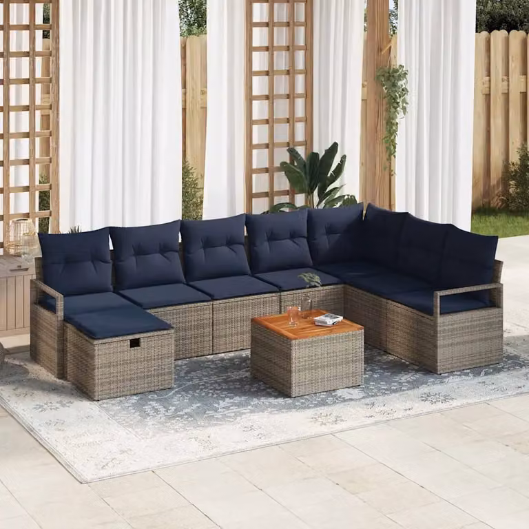 Set Divano da Giardino Moderno vidaXL in Polyrattan e Legno di Acacia, 9 Pezzi, Grigio e Blu