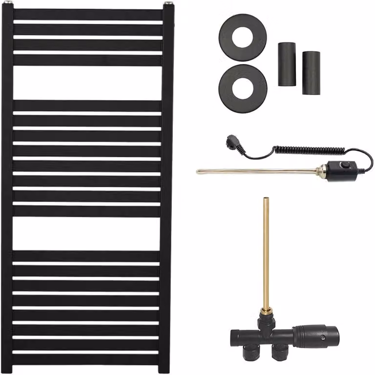 Set radiatore per bagno Vincenzo - riscaldamento combinato, barra termica - collegamento laterale a un punto - 300W - nero opaco - 970x450 mm