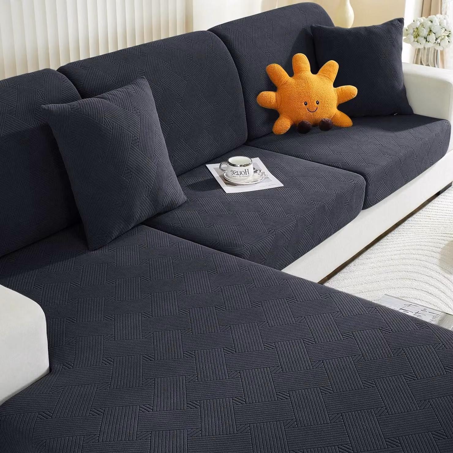 Copertura elastica grigia per cuscini del divano, adatta a divani a 1, 3 posti e divani angolari, con motivo geometrico, antiscivolo e protezione a 360°